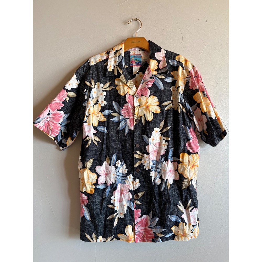 Joe Kealohas Vintage 90s Hawaiian Shirt Mens Medium Black Floral Cotton Made USA